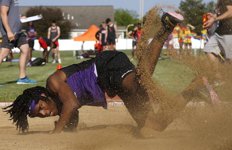 Hampshire’s Vince Scott competes in the long jump during the Huntley IHSA Class 3A Boys Sectional Track and Field Meet on Wednesday, May 15, 2024, at Huntley High School.