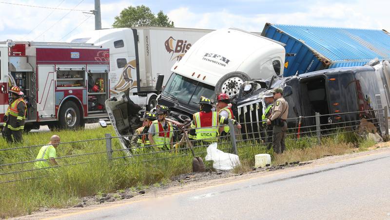 Crews work the scene of a multiple semi truck crash in the eastbound lane of Interstate 80 near the Interstate 39 interchange on Tuesday, May 28, 2024 near Utica. La Salle and Utica Fire and EMS along with Illinois State Police responded to the accident around 12:20p.m. on Interstate 80. Multiple patients were transported to area hospitals.