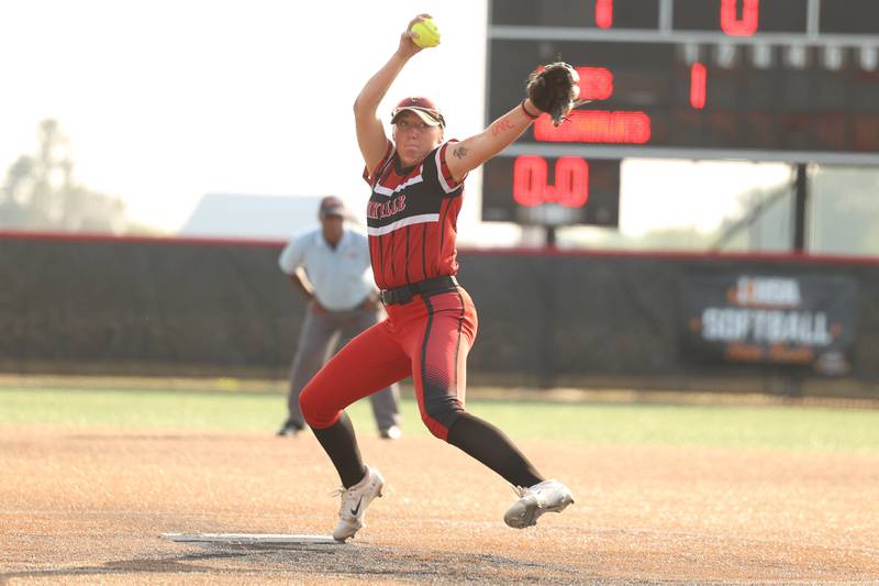 Yorkville’s Madi Reeves delivers a pitch against Marist in the Class 4A state championship game on Saturday, June 10, 2023 in Peoria.