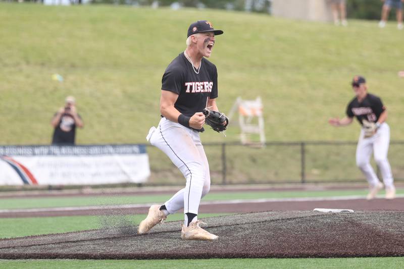 Crystal Lake Central’s Tommy Korn celebrates a strike out to end the game and clinch the state title over Lemont in the IHSA Class 3A Championship game on Saturday June 8, 2024 Duly Health and Care Field in Joliet.