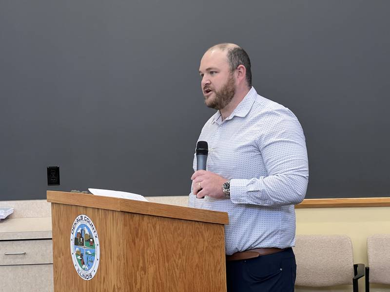 Hamilton Carrier, the project developer for a 49.1-acre 5-megawatt solar garden in Squaw Grove township by Ironwood Renewables and Shenandoah Solar, speaks to DeKalb County Board on June 26, 2024.