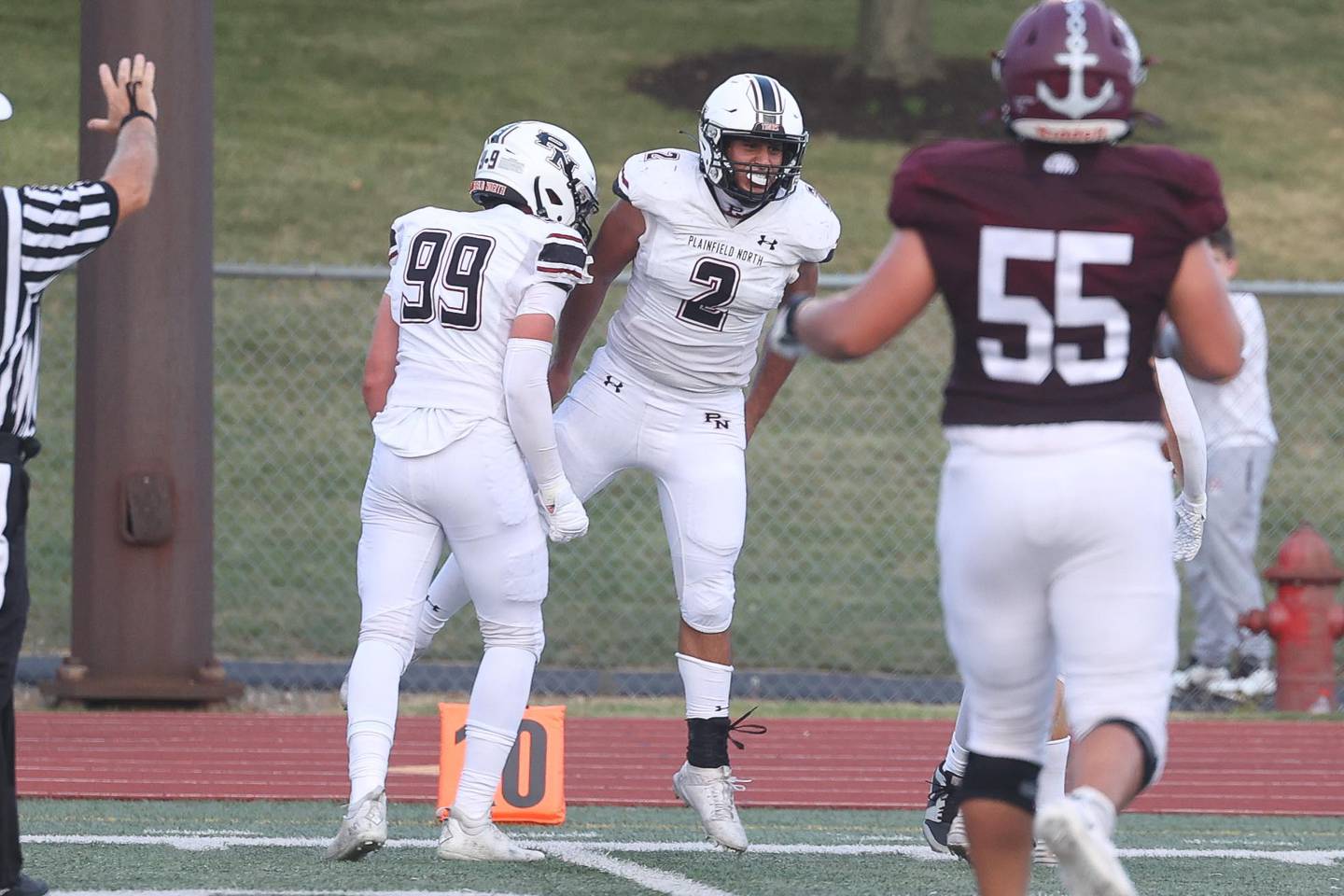 Plainfield North’s Andrew Elkareh (2) celebrates 3rd down sack against Lockport on Friday, August 30, 2024 in Lockport.