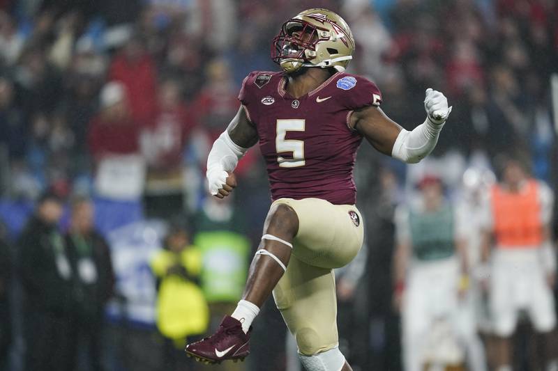 Florida State defensive lineman Jared Verse reacts after a play during the second half of the team's Atlantic Coast Conference championship game against Louisville, Saturday, Dec. 2, 2023, in Charlotte, N.C.