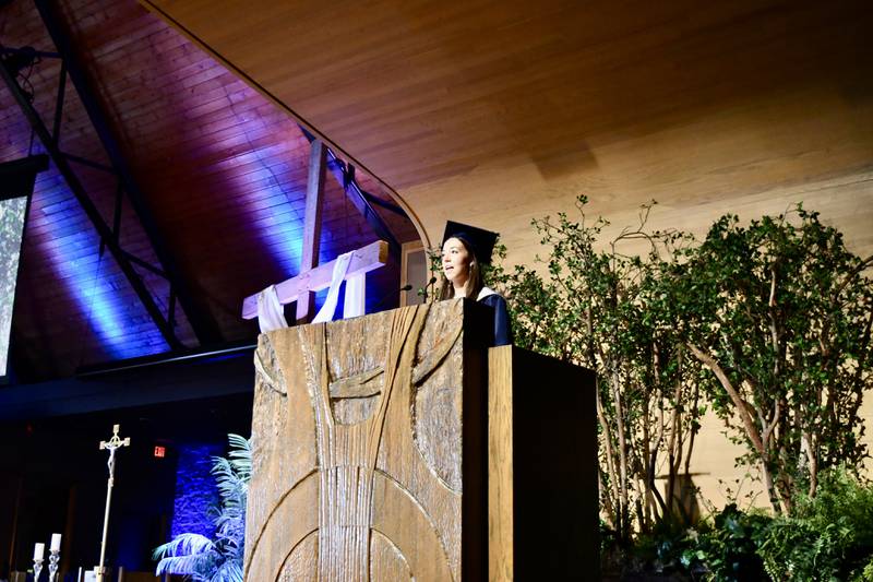 Nazareth Academy Valedictorian Neeve Olson gives the graduation address during the school’s commencement ceremony at Christ Church in Oak Brook on Sunday, May 19, 2024.