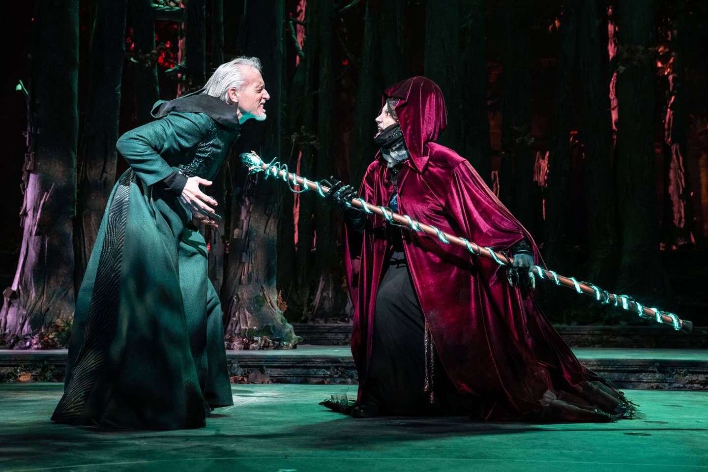 The Witch (Natalie Weiss, right) casts her spell on the Mysterious Man (Larry Yando)  in Paramount Theatre’s Into the Woods. Paramount’s Jim Corti and Trent Stork co-direct Stephen Sondheim and James Lapine’s brilliant reimagining of the Grimm Brothers fairy tales. Performances are February 1-March 19, 2023, at Paramount Theatre, 23 E. Galena Blvd. in downtown Aurora. Tickets: paramountaurora.com or (630) 896-6666. Credit: Liz Lauren