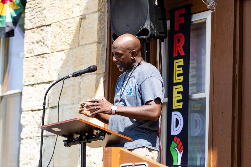 History on Wheels Founder Luther E. Johnson Jr. shares remarks during the groundbreaking ceremony and Juneteenth celebration at the African Descendants Military and Historical Museum in Joliet on June 19, 2024.