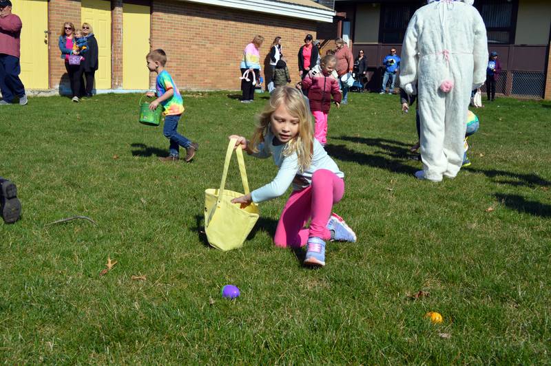 Gabbi Ballard, 6, of Leaf River, hastily gathers Easter eggs strewn in the park outside the Bertolet Building on April 8, 2023. The Leaf River Lions Club hosted a Breakfast with Bunny and the Easter egg hunt.