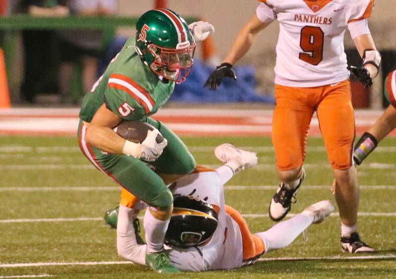 L-P's Brevyn Vogel gets out of a tackle by United Township's Jasiah Massey on Friday, Aug. 30, 2024 at Howard Fellows Stadium.