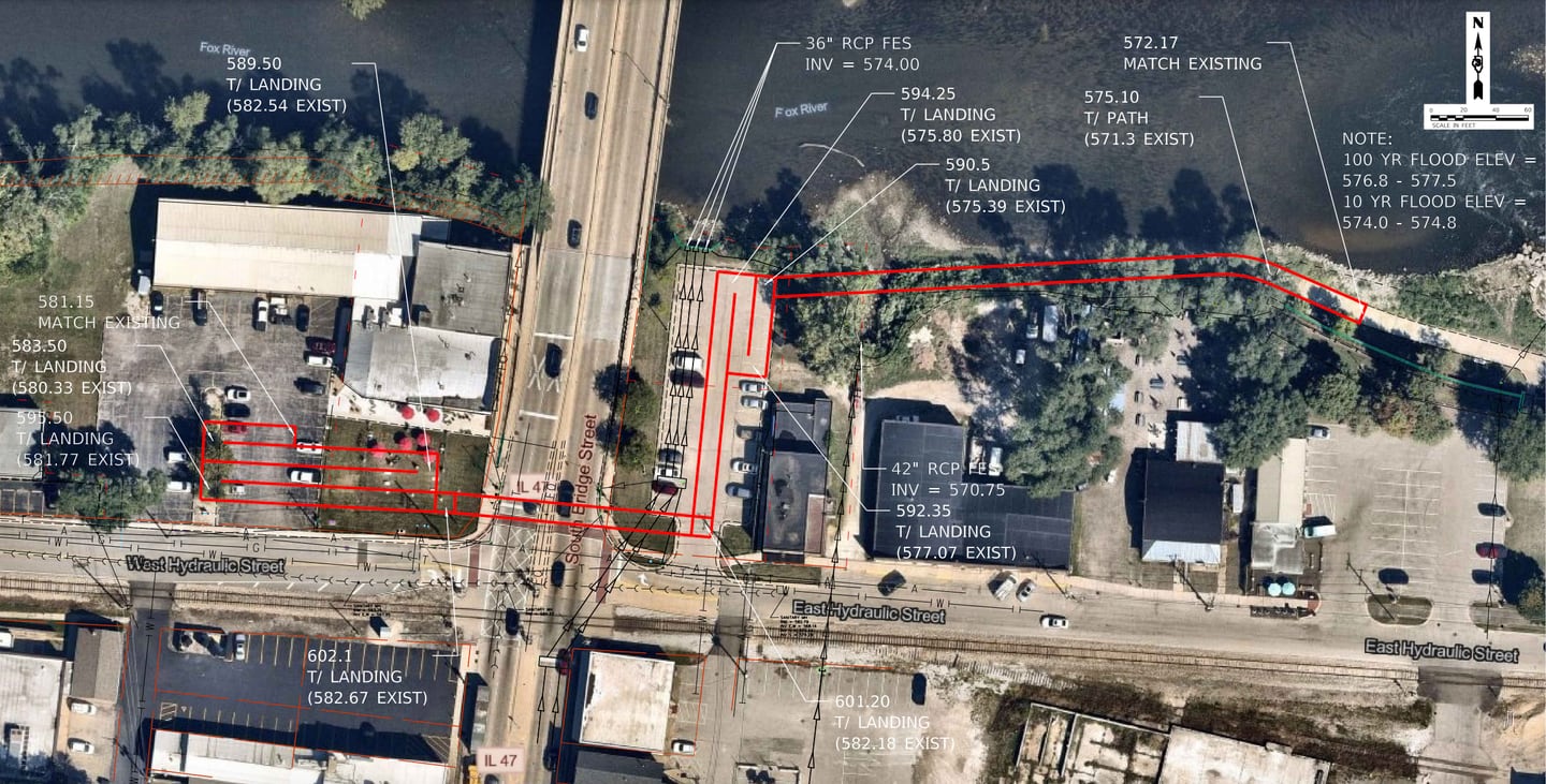 Preliminary concept plans to connect the riverwalk along the Fox River in Yorkville from the east side of South Street Bridge to the west side by going over Route 47.