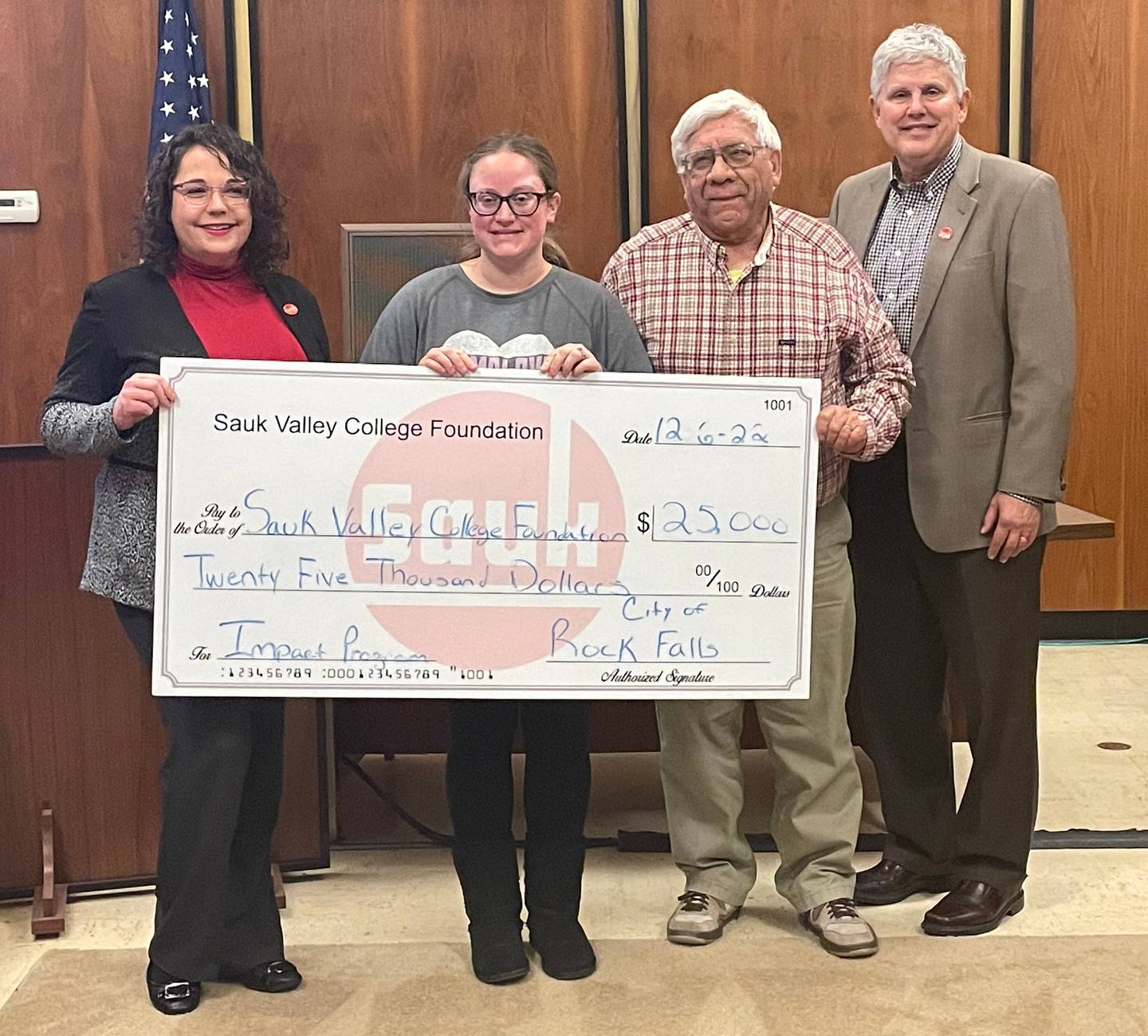 (Left to right); Sauk Valley Community College Dean of Institutional Advancement Dr. Lori Cortez, Rock Falls city council member Gabriella McKanna, Rock Falls Mayor Rodney Kleckler, and Sauk Valley Community College President Dr. David Hellmich receive a $25,000 donation from the Rock Falls City Council. The city council recently approved an economic development donation to the Sauk Valley Community College Impact Program. The Impact Program provides eligible students who graduate within the college’s district with the opportunity to earn tuition and fees for up to three years at Sauk Valley Community College, or until they earn their certificate or degree. For more information, visit svcc.edu/impact or email impact@svcc.edu.