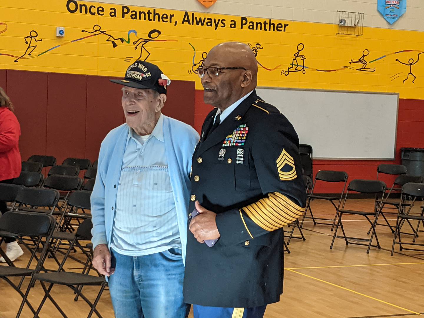 World War II veteran Duane Stevenson, left, stands next to Bill Bijou, right, who also served in the U.S. Army.