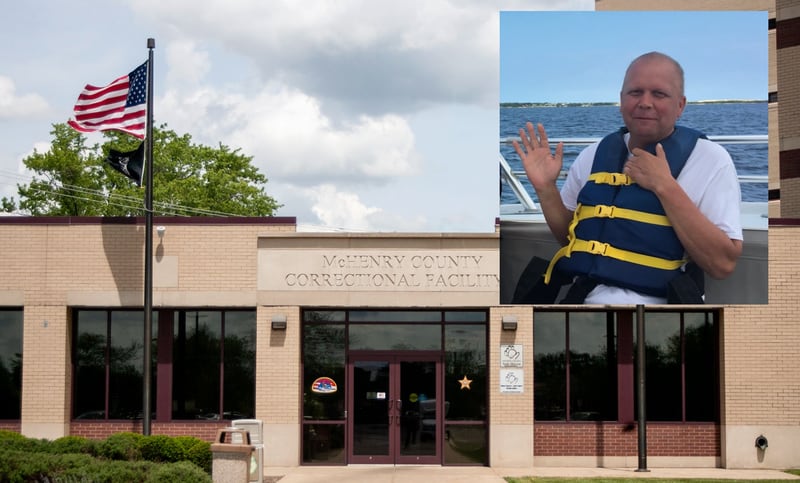 Donald Edward Hamer Jr., 56, (inset) had been held in the McHenry County Jail for a few days before he died in October 2022. Now his family is suing over his death. The McHenry County jail is shown in the background image.