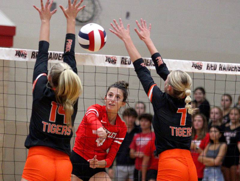 Huntley’s Diellza Sejdini sends the ball over the net against Crystal Lake Central during a Fox Valley Conference volleyball match on Tuesday, Aug. 27, 2024, at Huntley High School.