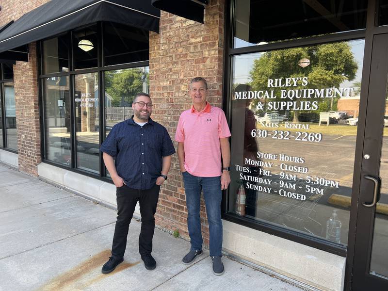 Tim Riley, former owner of Riley's Medical Equipment and Supplies in Geneva, and Alex Anderson, owner of Naperville-based Oswald's Pharmacy in front of Riley's Geneva location.