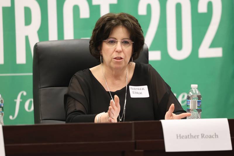 Candidate for Plainfield District 202 Board Heather Roach answers a question at a moderated forum for the candidates at the District 202 office on Thursday, March 16th, 2023 in Plainfield.