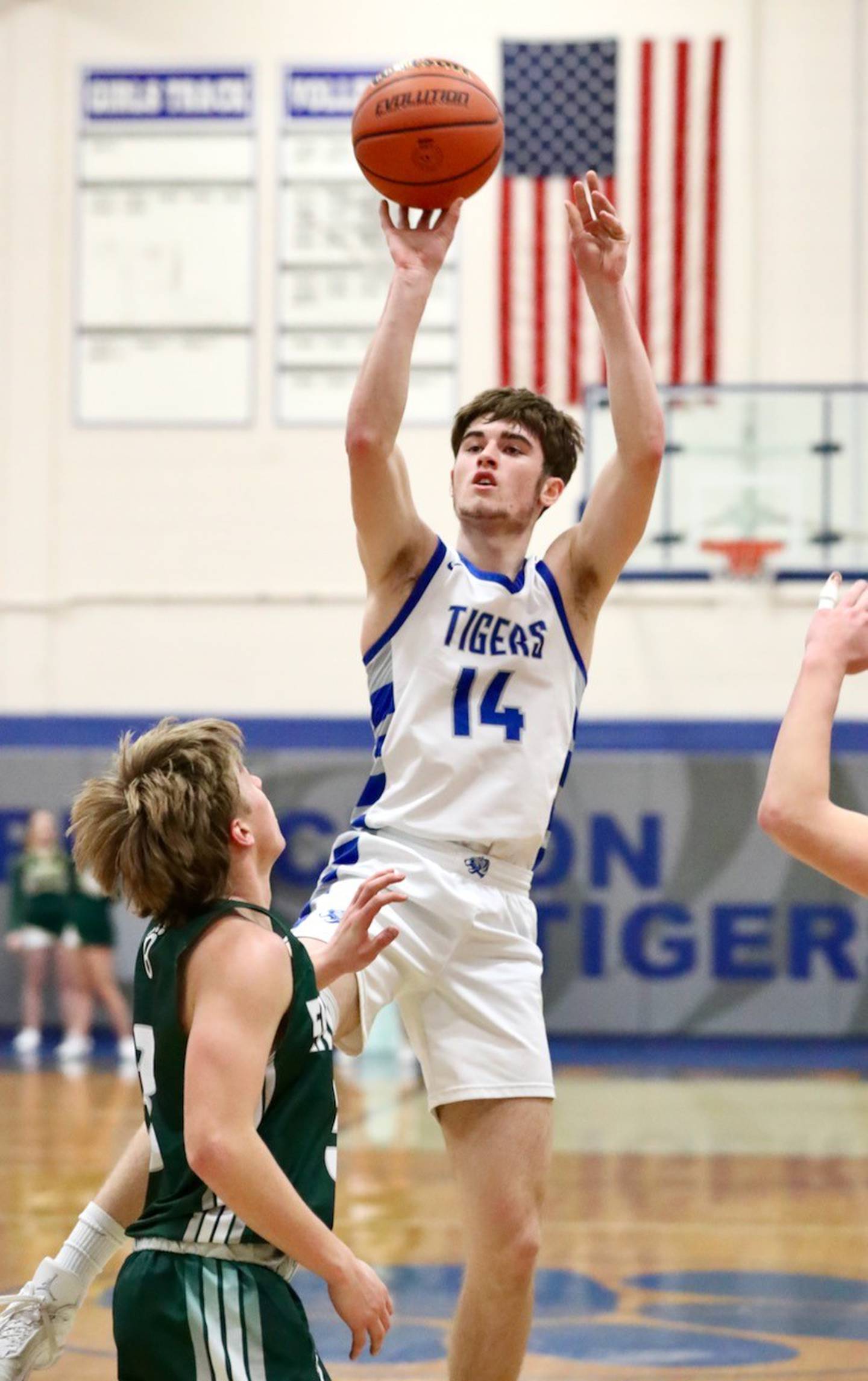 Princeton's Grady Thompson spots up against St. Bede Friday night at Prouty Gym.