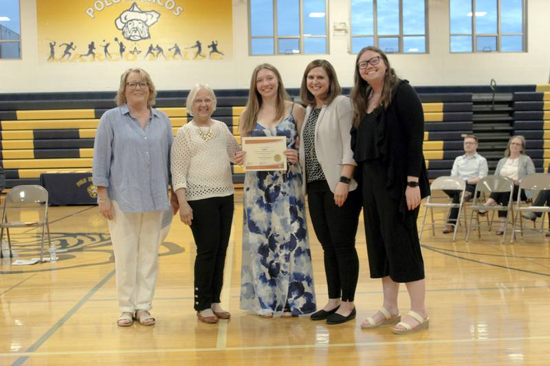 Polo Community High School senior Allissa Marschang, center, received a P.E.O. STAR Scholarship. Left to right are: P.E.O. Chapter DW President Paula Faivre, Beth Wiegmann, Marschang, Julie Sanders and Meredith Gelander.