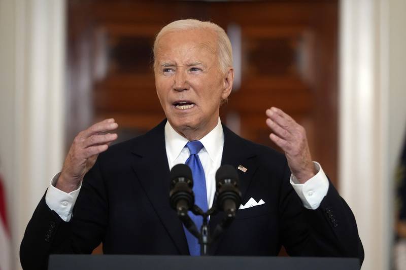 President Joe Biden speaks in the Cross Hall of the White House Monday, July 1, 2024, in Washington. (AP Photo/Jacquelyn Martin)