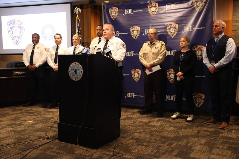 Joliet Police Chief Bill Evans speaks at the press conference to give updates on the West Acres Road shooting at Joliet City Hall on Tuesday, Jan. 23rd in Joliet.