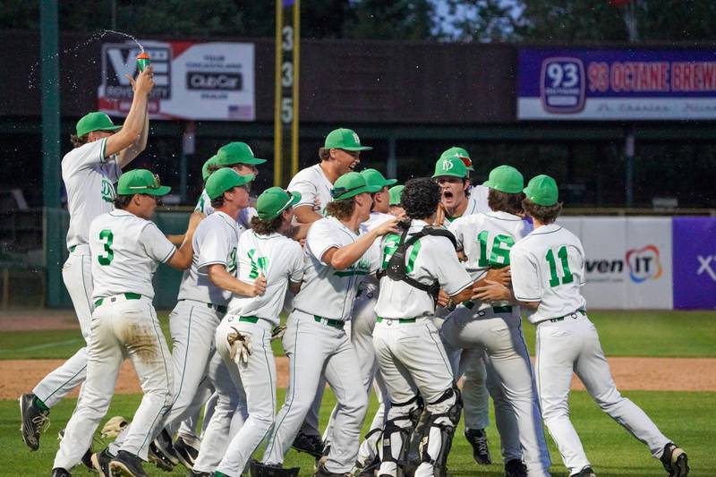 York celebrates their victory over McHenry to win the class 4A Kane County supersectional at Northwestern Medicine Field in Geneva on Monday, June 3, 2024.