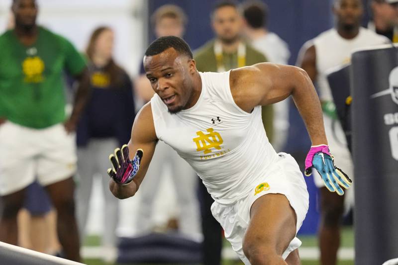 Defensive lineman Isaiah Foskey runs a drill during Notre Dame's Pro Day in South Bend, Ind., Friday, March 24, 2023.