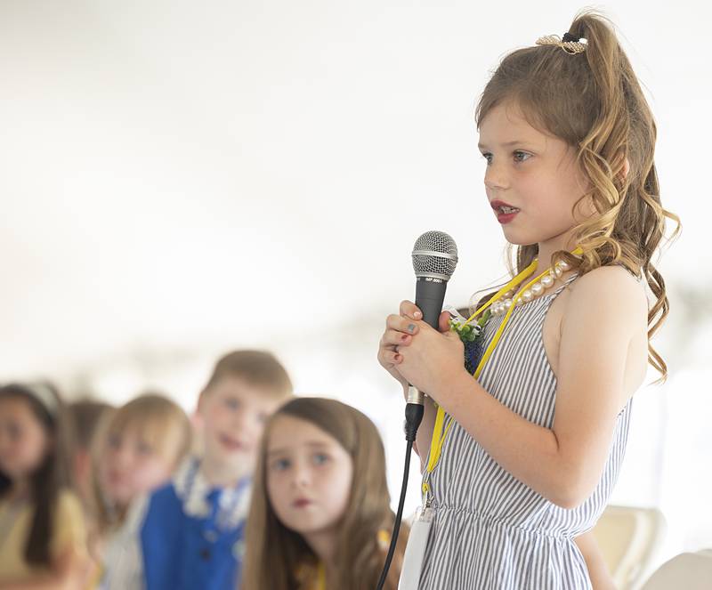 Ellis Deuth, 6, takes the microphone Thursday, June 13, 2024 during the Little Miss contest at Polo’s Town and Country Days.