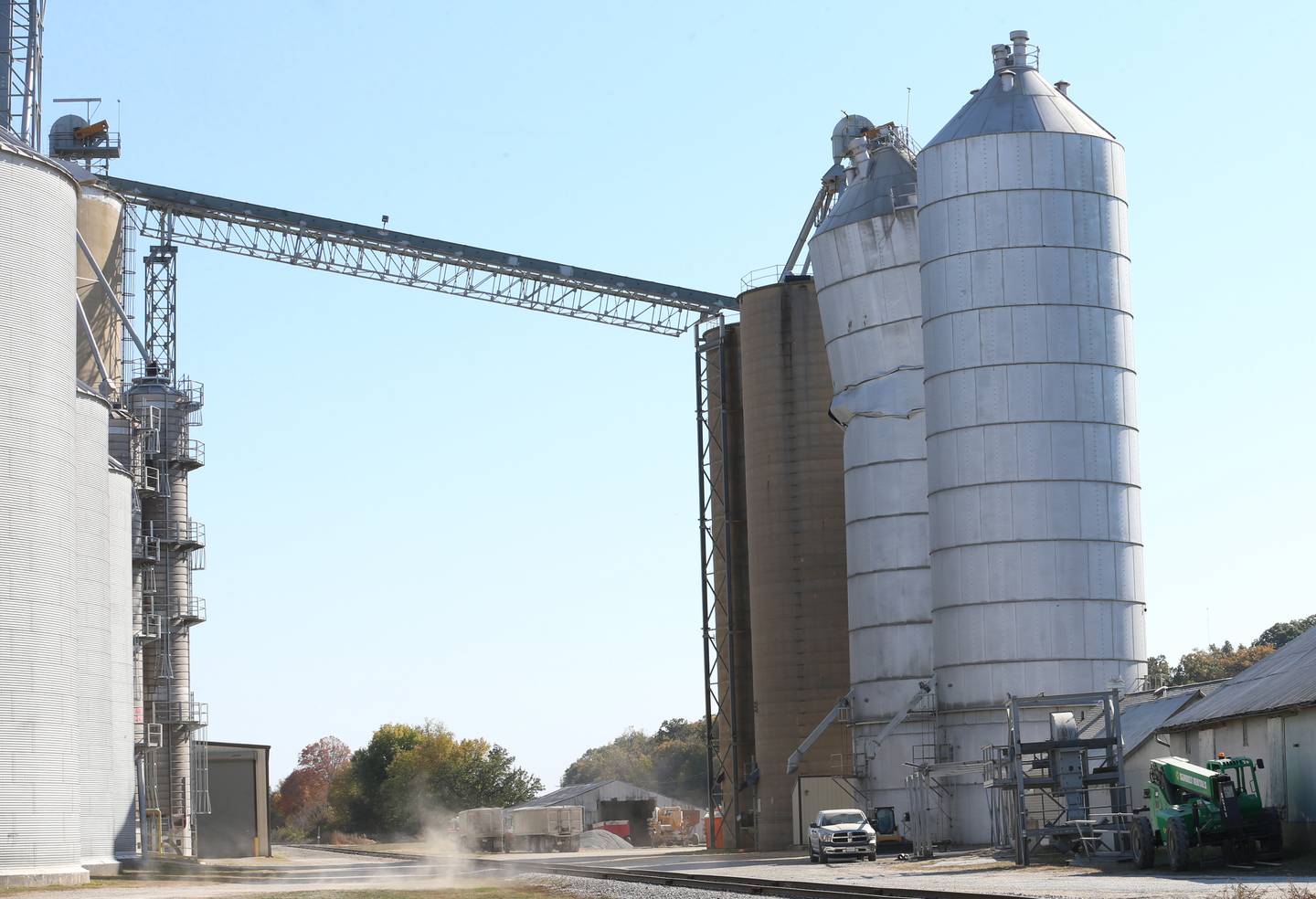 A grain silo buckles on Sunday, Oct. 20, 2024 from a partial collapse of a grain silo at the River Valley Coop Grain Elevator in Putnam.