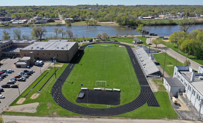 An aerial view of the football field on Wednesday, May 3, 2023 at Dixon High School.