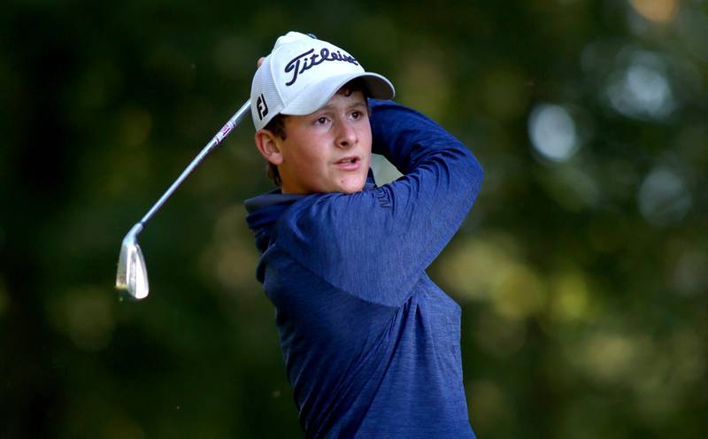 Lake Zurich’s Tyler Marini tees off on hole 17 in Cary-Grove High School 2024 Invitational varsity golf action on Saturday, Sept. 7, 2024, at Foxford Hills Golf Club in Cary.