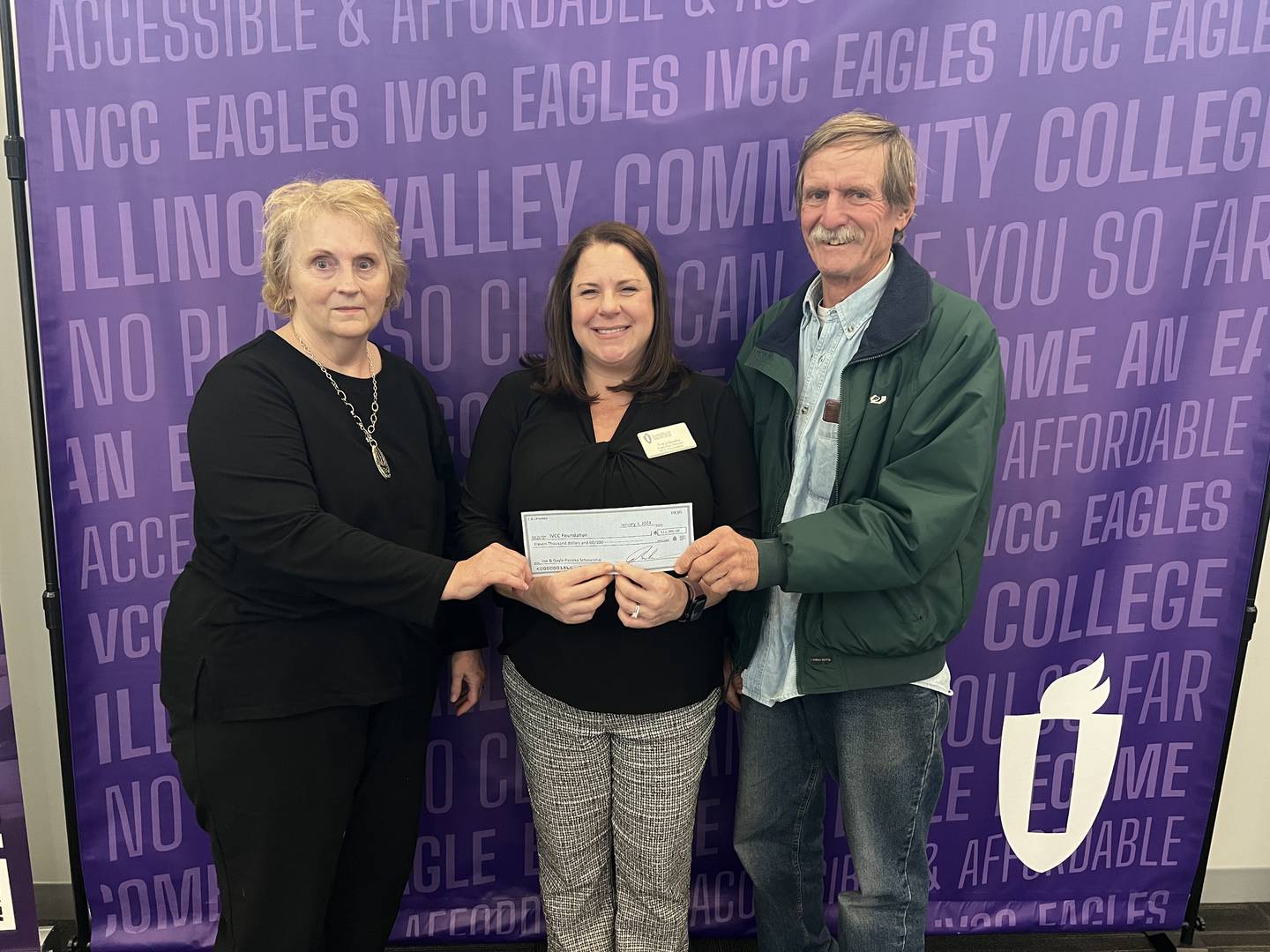 The Pasieka family has donated funds to create an endowment scholarship to be awarded to a student studying agriculture. Pictured are Chris Pasieka, (left) and John Pasieka (right) with Executive Director of the IVCC Foundation Tracy Beattie.