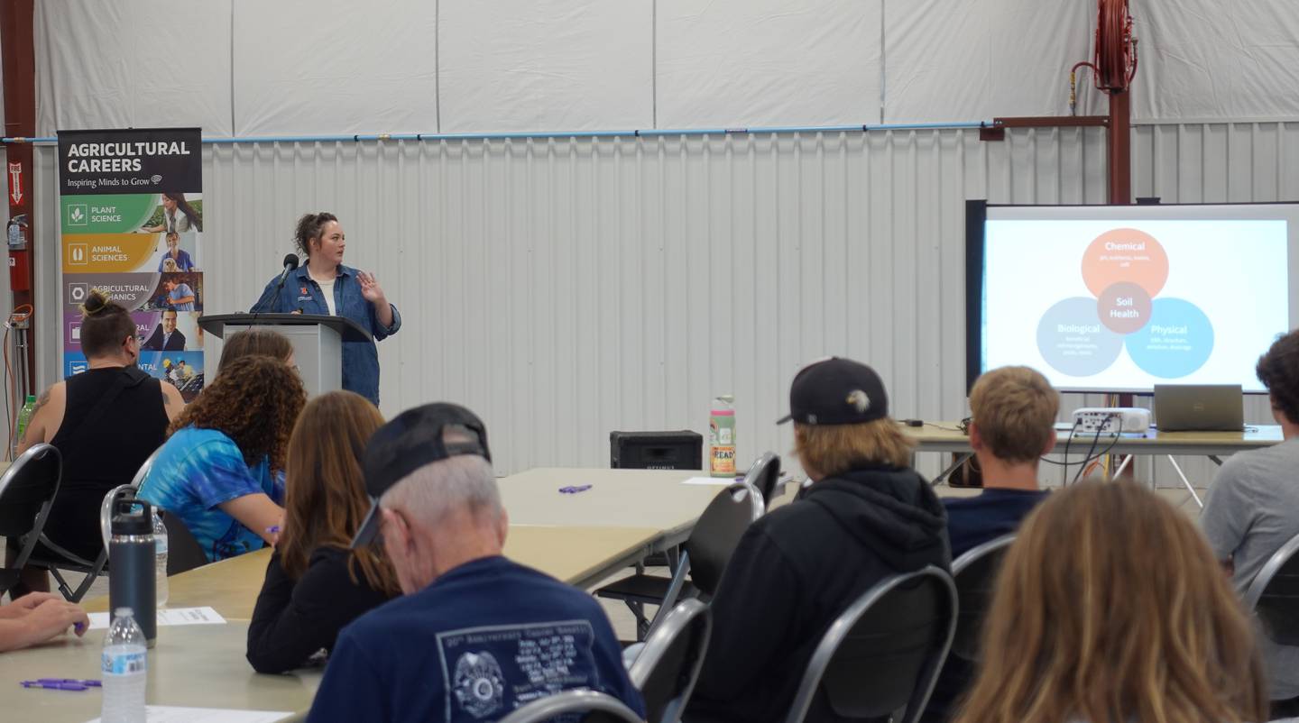 Emily Hansen, Extension agriculture educator, teaches Fall Field Day attendees Sept. 6, 2024, about the different aspects of soil health.