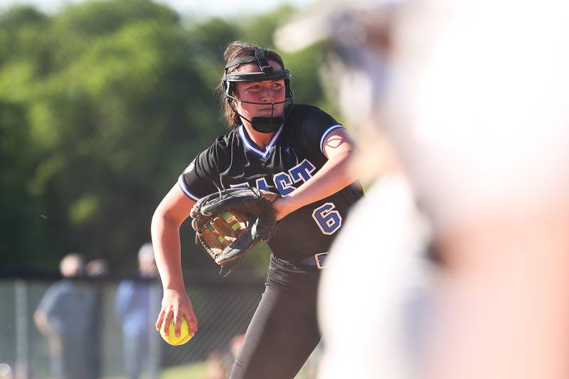 Lincoln-Way East’s Cassidy Jagielski makes a throw to first against Lincoln-Way Central in the Class 4A Lincoln-Way Central Sectional semifinal on Wednesday, May 29, 2024 in New Lenox.