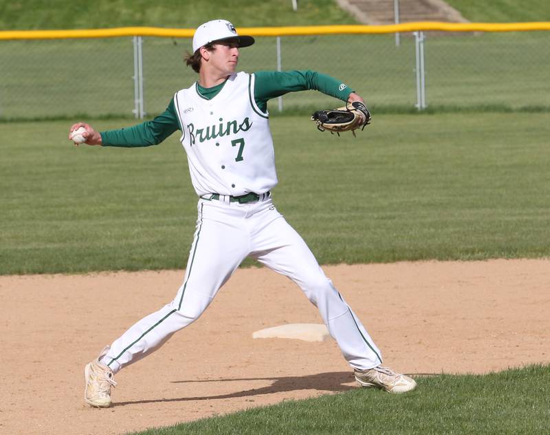 St. Bede's Brendan Pillion throws to first base to force out a Bureau Valley runner on Monday, May 1, 2023 at St. Bede Academy.