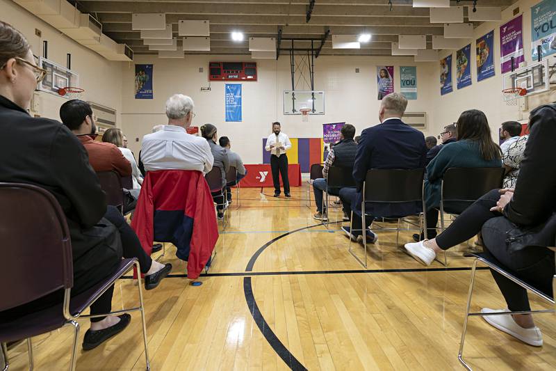 Dixon YMCA CEO Andrew McFarlane addresses a group Thursday, April 6, 2023 to announce the planned building of a 60,000 foot child care facility at the Gateway Project grounds in Dixon.