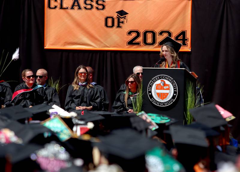 Senior speaker Paulina Borowski makes her address as McHenry High School held its 104th Annual Commencement at McCracken Field on Saturday.