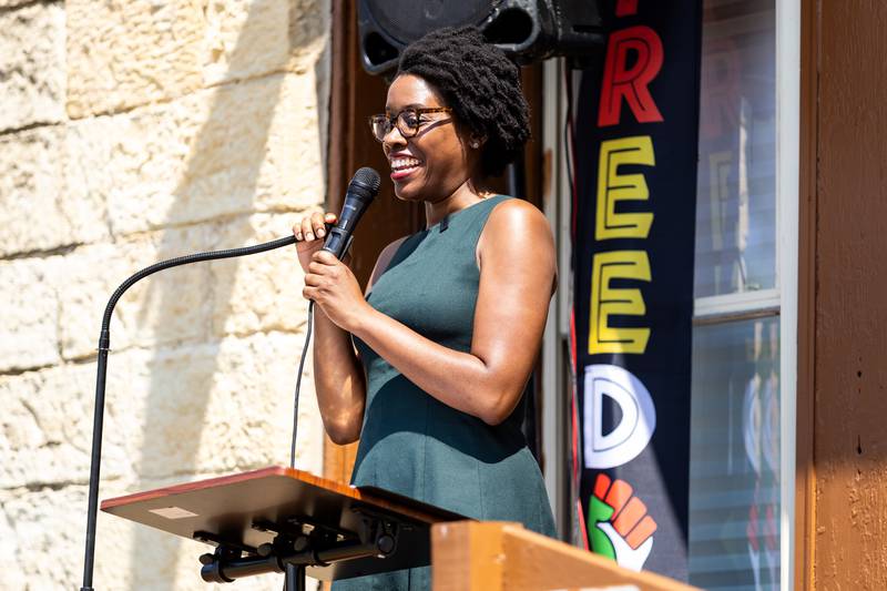 U.S. Rep. Lauren Underwood, D-Naperville, shares remarks during the groundbreaking ceremony and Juneteenth celebration at the African Descendants Military and Historical Museum in Joliet on June 19, 2024.