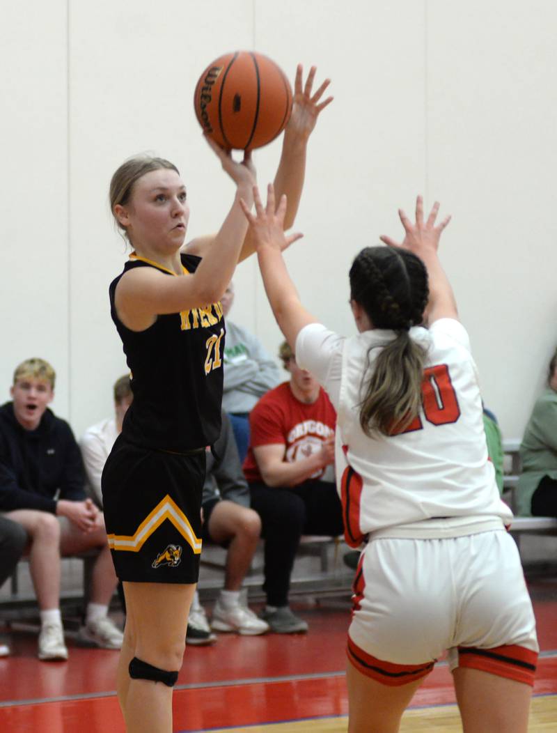 Riverdale's Kayleigh Hungate (21) shoots against Stillman Valley on Tuesday. Feb. 20, 2024 at the 2A Oregon Sectional held at the Blackhawk Center at Oregon High School.