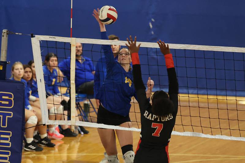 Joliet Central’s Sadie Johnson hits a shot against Rich Township on Tuesday, Sept. 17, 2024 in Joliet.