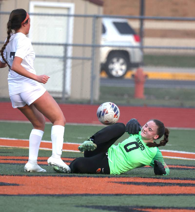 DeKalb goalie Beth Meeks tries to stop Belvidere North's Isabella  Phommachanh from scoring during their game Tuesday, March 12, 2024, at DeKalb High School.