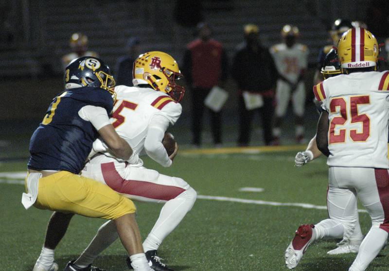 RI QB Jae'vion Clark-pugh is taken down by Sterling's Cobey Shipma. Action took place on Friday, October  18th, 2024 in Sterling.