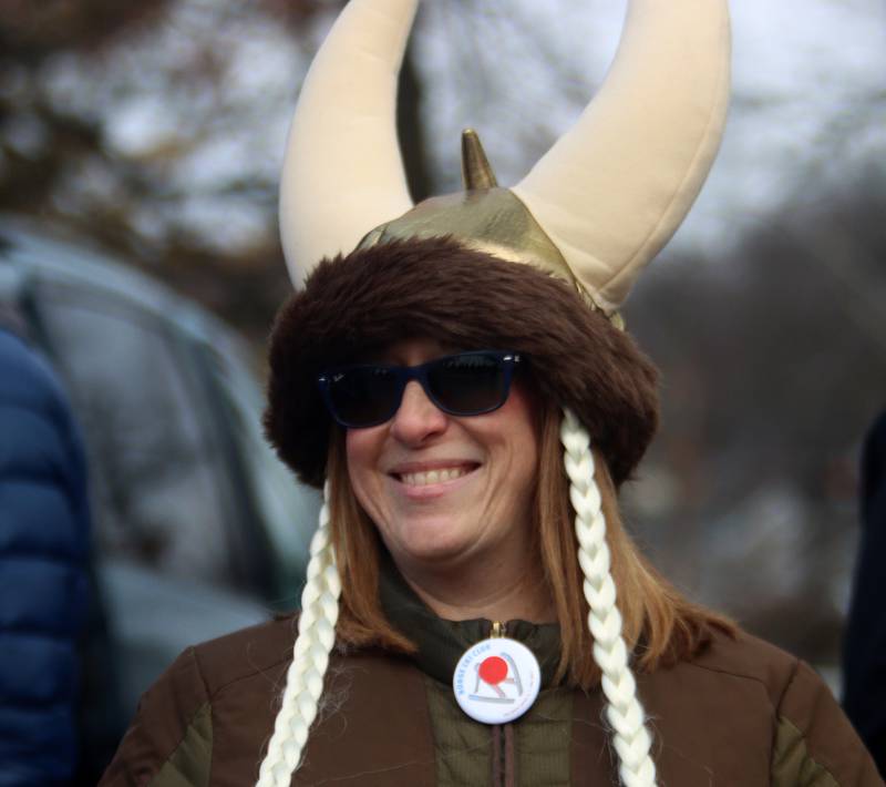 Jen Komarek of Lake in the Hills enjoys the 119th Norge Annual Winter Ski Jump Tournament in Fox River Grove Sunday.