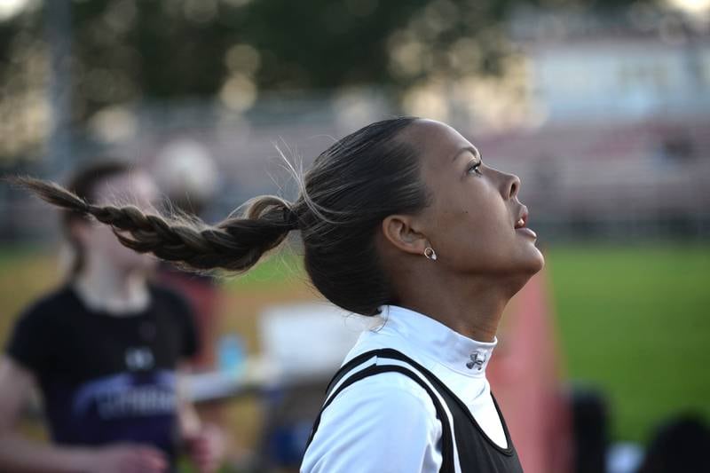 Forreston-Polo's Letrese Buisker crosses the finish line in first place in the 300 hurdles at the 1A Oregon Sectional on Friday. May 10, 2024. Busiker won the race in 49.53 to qualify for the state meet in Charleston next week.