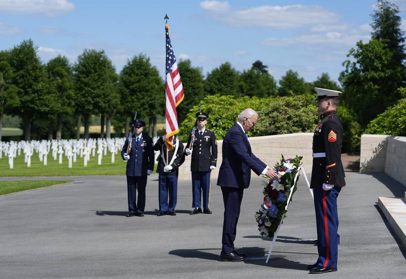 U.S. President Joe Biden attends a wreath laying ceremony at the Aisne-Marne American World War One Cemetery in Belleau, France, Sunday, June 9, 2024. (AP Photo/Evan Vucci)