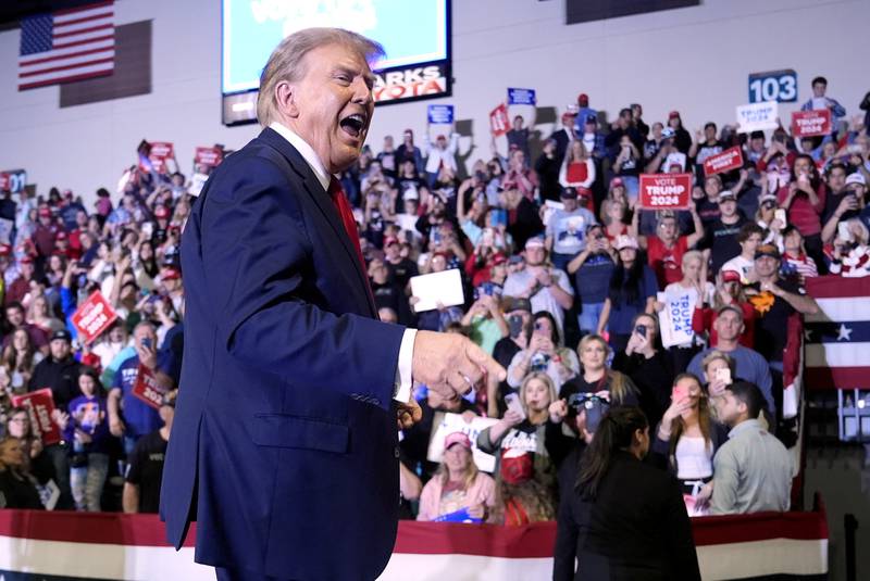 Republican presidential candidate former President Donald Trump walks off the stage after speaking at a Get Out The Vote rally at Coastal Carolina University in Conway, S.C., Saturday, Feb. 10, 2024. (AP Photo/Manuel Balce Ceneta)