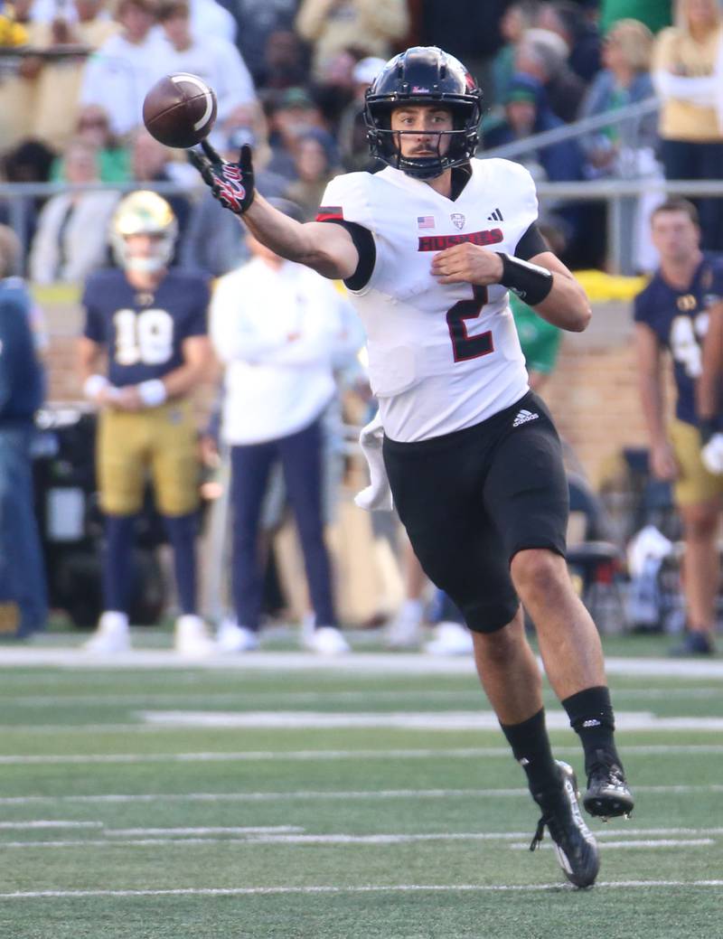 NIU quarterback Ethan Hampton looks to throw a pass against Notre Dame on Saturday, Sept. 7, 2024 at Notre Dame Stadium.