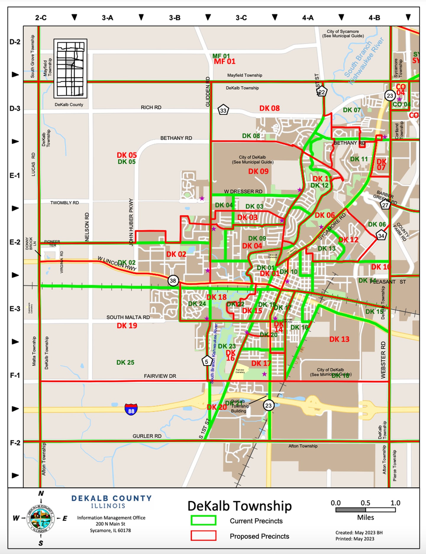 A screenshot of a DeKalb County document showing the current and proposed precincts in the city of DeKalb.