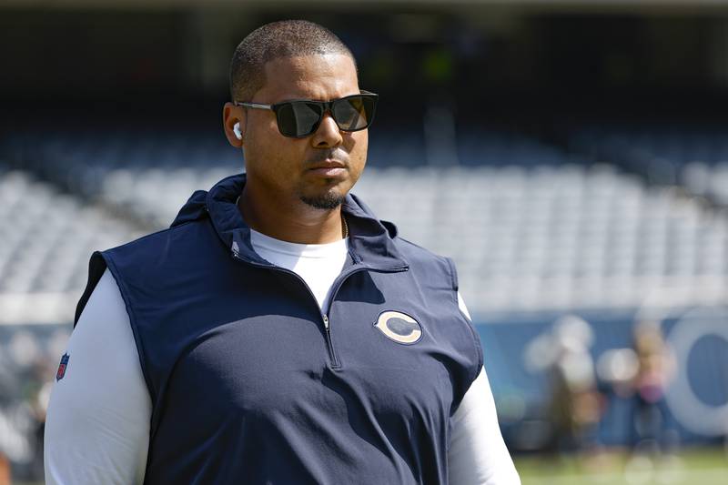 Chicago Bears general manager Ryan Poles walks on the field prior to the Bears playing the Green Bay Packers, Sunday, Sept. 10, 2023, in Chicago.