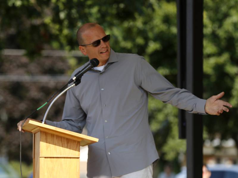 McHenry Mayor Wayne Jett speaks during a  9/11 remembrance ceremony on Sept. 11, 2024, at Veteran's Memorial Park in McHenry.