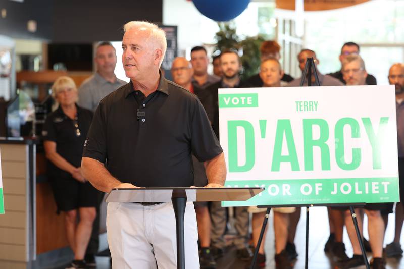 Terry D’Arcy announces he will be running for Joliet Mayor at his GMC dealership in Joliet. Wednesday, June 15, 2022 in Joliet.