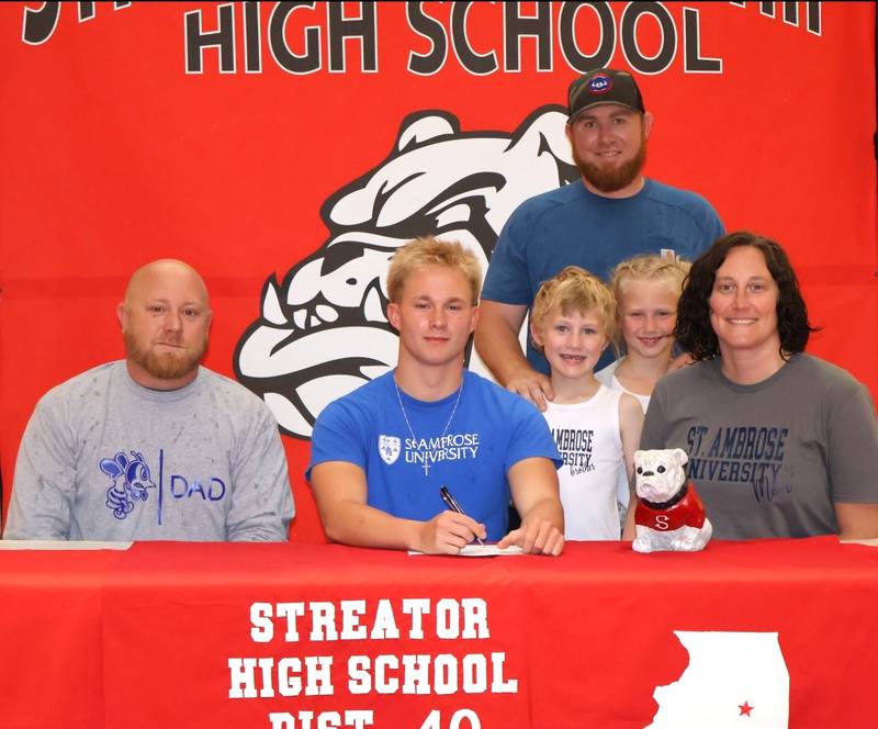 Streator’s Collin Jeffries has signed on to continue his education at St. Ambrose University in Davenport, Iowa, and his track and field career at the NAIA level with the Fighting Bees. Jeffries, a sprinter for Streator High School, is pictured here at his signing ceremony alongside family.